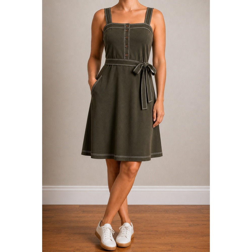 Leota Jumper Overall Dress Large Green Button Up Square Neck Waist Tie Preppy